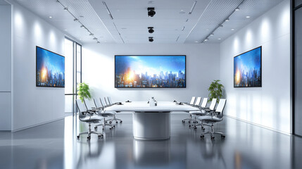 Modern, high-tech conference room featuring multiple large display screens and a round table setup, ideal for corporate meetings and presentations.