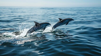 Fototapeta premium Gorgeous bottlenose dolphins leaping from the ocean on a sunny day