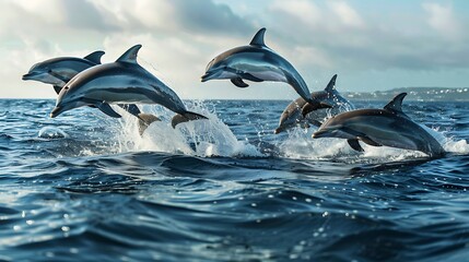 Naklejka premium Gorgeous bottlenose dolphins leaping from the ocean on a sunny day