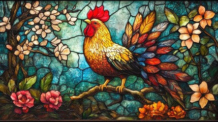 Fototapeta premium Ultra-realistic stained glass with neoclassic Thai chicken, framed by a super textured background of trees and blooming flowers, cinematic style