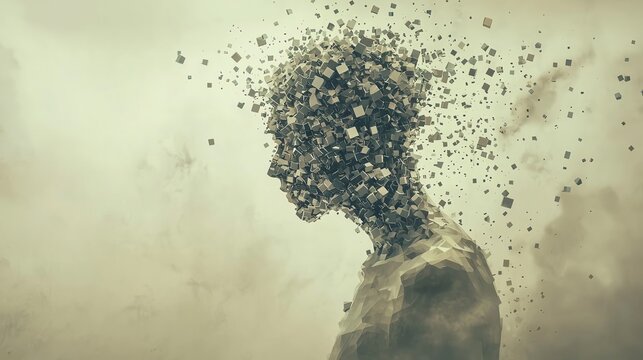 Surreal art of a fragmented human figure composed of small cubes dissolving into the atmosphere, representing disintegration and abstract thought.