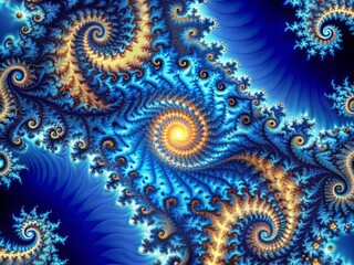 A mesmerizing illustration of the Mandelbrot set, showcasing intricate self-similar patterns against a deep blue background with subtle gradient effects
