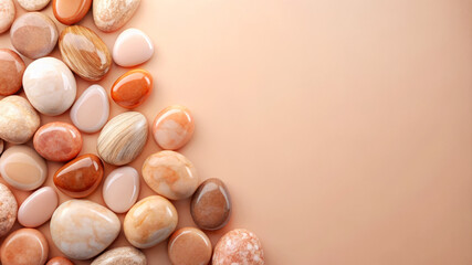 Smooth, polished stones in soft beige and peach fuzz tones create a calming, natural background.