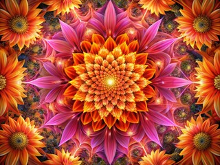 Fototapeta premium Fractal bloom of vibrant orange and pink flowers, radiating outward from a central point in a mesmerizing display of geometric growth