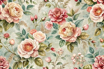 Develop a vintage-inspired floral pattern featuring roses and foliage in soft, muted colors on a distressed, textured background, with a mix of realistic and illustrative elements.