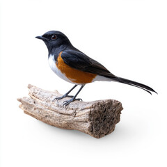Fototapeta premium A small, colorful bird with orange and black plumage sits on a rustic wooden log, isolated on a white background.