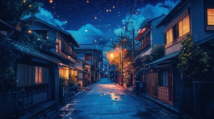 Lofi Beautiful Japanese Japan Tokyo City Town at Starry Star Sky Night - House at Street Anime Comic Artstyle Cozy Peaceful Peace Asian Wallpaper Background
