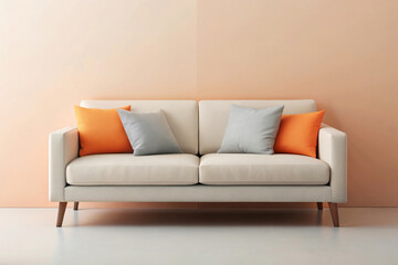 Fototapeta premium Modern white sofa with orange and gray pillows on neutral backdrop. minimalist living room design.