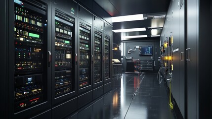 Server Room Interior: Black and Dark Technology