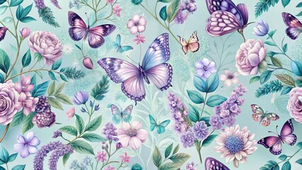 Fototapeta premium exquisite pattern of flowers in shades of lavender and mint with butterflies in various poses on a soft, gradient blue background
