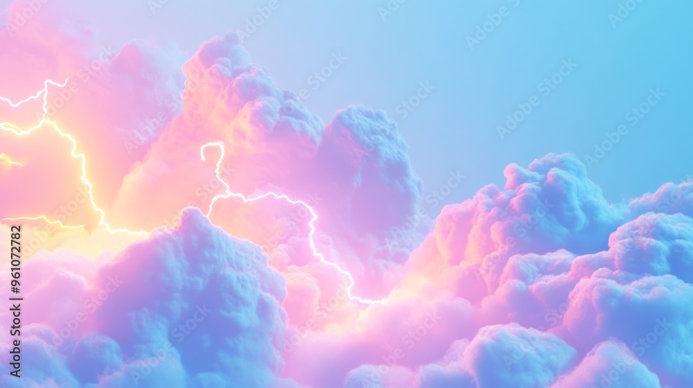 Wall mural pastel clouds with neon lightning