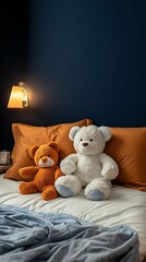Cozy Nostalgia - Vintage Stuffed Toys Adorning Bed in Retro Styled Bedroom with Warm Lighting and Clear Detail