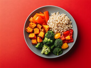A plate of roasted vegetables such as sweet potatoes, bell peppers, and broccoli, paired with a serving of brown rice, set on an isolated red background with space left for text