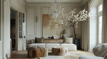 Gorgeous living area with a chandelier and a container filled with dried blossoms