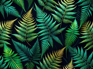 Create a mesmerizing illustration of dark green ferns with organic shapes, overlapping in layers on a black background with crisp lines and vibrant color.