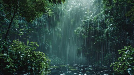 Obraz premium 5. Rainy landscape in a dense forest with visible rain streaks, diverse plant life, and a tranquil mood