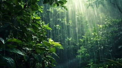 5. Rainy landscape in a dense forest with visible rain streaks, diverse plant life, and a tranquil mood © Sinechana