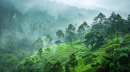 6. Lush green landscape during the rainy season, with heavy rain falling on trees and ground