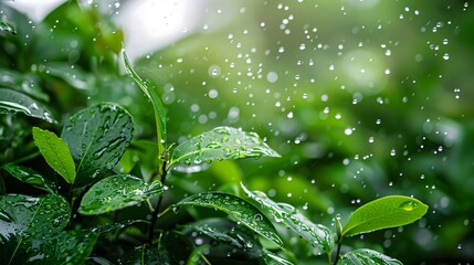 9. Wet and vibrant nature scene with continuous rain, reflecting the essence of the rainy season