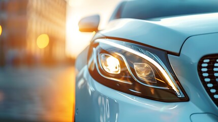 Closeup view of headlight white car.