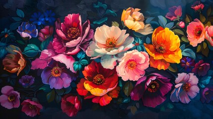 12. Colorful blossoms illuminated on a dark canvas, showcasing their rich and vibrant tones