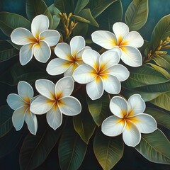 Fototapeta premium High-definition image of a common white frangipani showcasing its soft petals and golden center