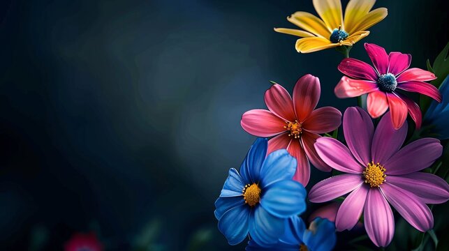 13. Dark background with strikingly colorful flowers, creating a stark and beautiful contrast