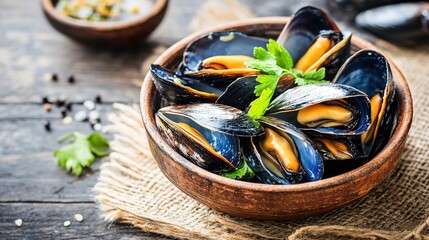 Fresh Mussels in a Shell with a Rustic Background