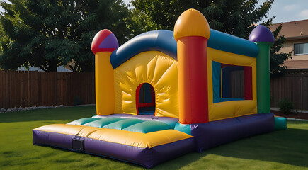 An Inflatable bounce house in the backyard or bouncy castle slide for playground, balloon style, inflatable bounce house, playing yard concept

