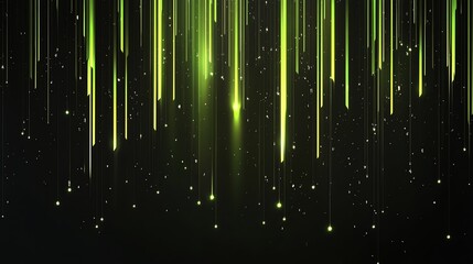 Abstract digital art of green lines and sparkling lights,  looking like a digital rain.