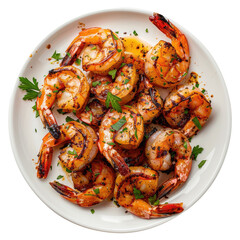 grilled shrimp in a plate top view isolated on transparent white background, clipping path