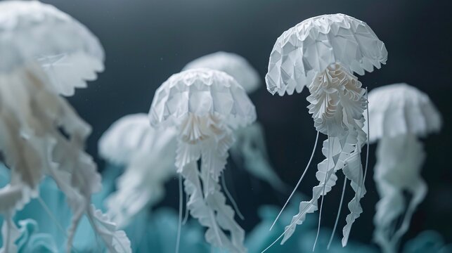 48. Beautifully crafted paper-folded jellyfish swimming elegantly in a calm sea, highlighting the intricacies of paper art