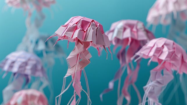 48. Beautifully crafted paper-folded jellyfish swimming elegantly in a calm sea, highlighting the intricacies of paper art