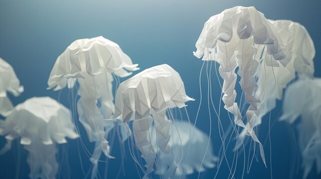 48. Beautifully crafted paper-folded jellyfish swimming elegantly in a calm sea, highlighting the intricacies of paper art