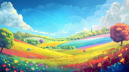 Fototapeta premium 57. Vibrant cartoon landscape for kids, featuring rainbow-colored fields, magical creatures, and a clear blue sky