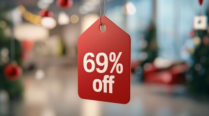 Red Christmas Sale Tag: A bold red sale tag with 69% off hanging from a string against a festive Christmas background. The perfect image for your holiday sales and promotions.  