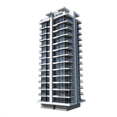 3D Render of a residential skyscraper with large windows and balconies, on isolated white background