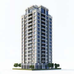 Fototapeta premium 3D Render of a residential skyscraper with large windows and balconies, on isolated white background