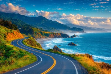Scenic Coastal Highway with Rugged Cliffs and Ocean Waves