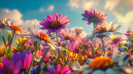 68. Animated 3D cartoon of joyful spring flowers, surrounded by a kaleidoscope of colors in a sunny summer garden