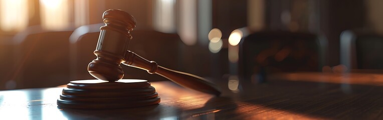 Lawyer in office with gavel symbol of justice.