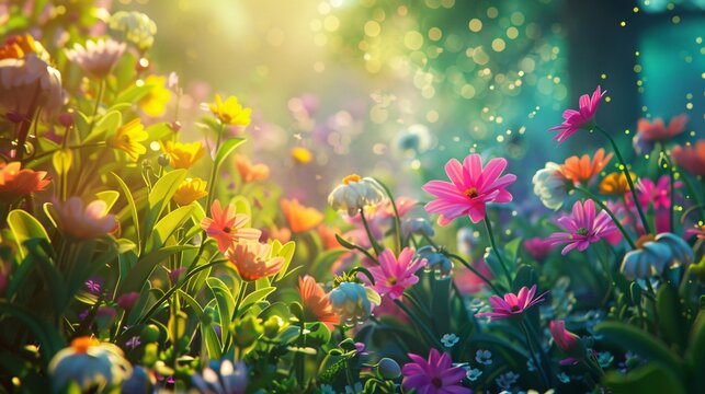 70. Lively 3D animation of spring flowers beaming with happiness, set against a background of a colorful summer garden bathed in sunlight