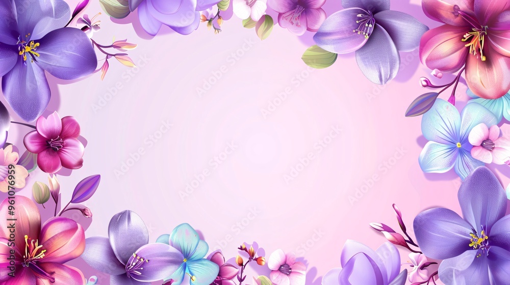 Wall mural 76. adorable cartoon flower border set against a light orchid background, rendered in clean vector s