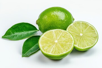A fresh lime with two halves and green leaves, showcasing its vibrant color and texture.