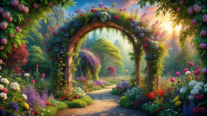 Enchanting secret garden with flower arches and colorful greenery, perfect for fairytales and daydreams