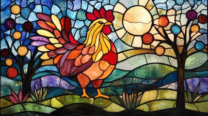 Fototapeta premium Abstract stained glass art with vibrant colors, featuring a neoclassic Thai chicken and a super textured background of trees and flowers