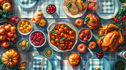 Naklejka premium Delicious food arranged on a blue table setting for a festive meal