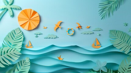 88. Creative summer-themed paper cut symbols on a simple background, offering space for text, suitable for banners, posters, stickers, and badges