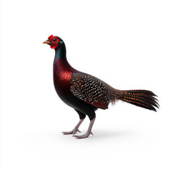 Detailed image of a colorful pheasant standing on a white background, highlighting the bird's vivid feathers and natural beauty.