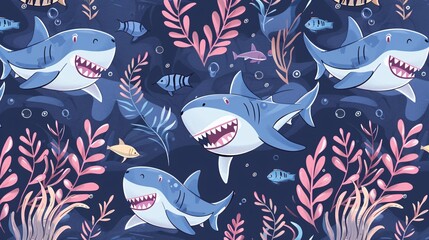 Naklejka premium 104. Lively underwater world pattern with cute cartoon sharks and flowing seaweed, designed as a seamless vector texture for kids' clothing and textile graphics
